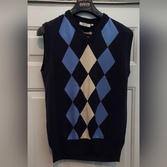 PERRY GOLF BY GLENMUIR MEN'S BLUE ARGYLE COTTON PULLOVER GOLF VEST SIZE L NWOT - Picture 2 of 7